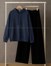 Plain dark blue hoodie with black wide leg jeans